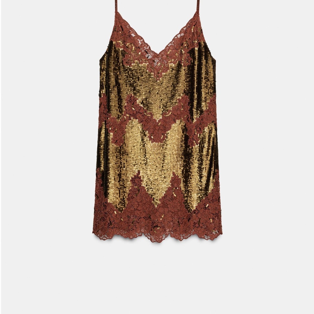 Zara Elegant Gold and Brown Lace Slip Dress